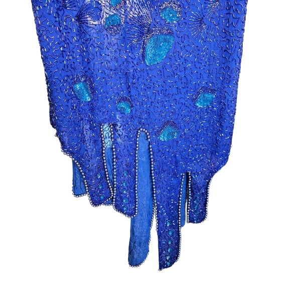 Vintage Royal Blue Beaded Sequin Dress Handkerchief Hem Evening Gown Medium - Picture 5 of 7